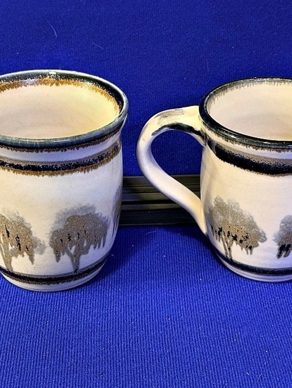Nancy Bishop Studio Pottery Mug Pair Signed Handmade Landscape Trees